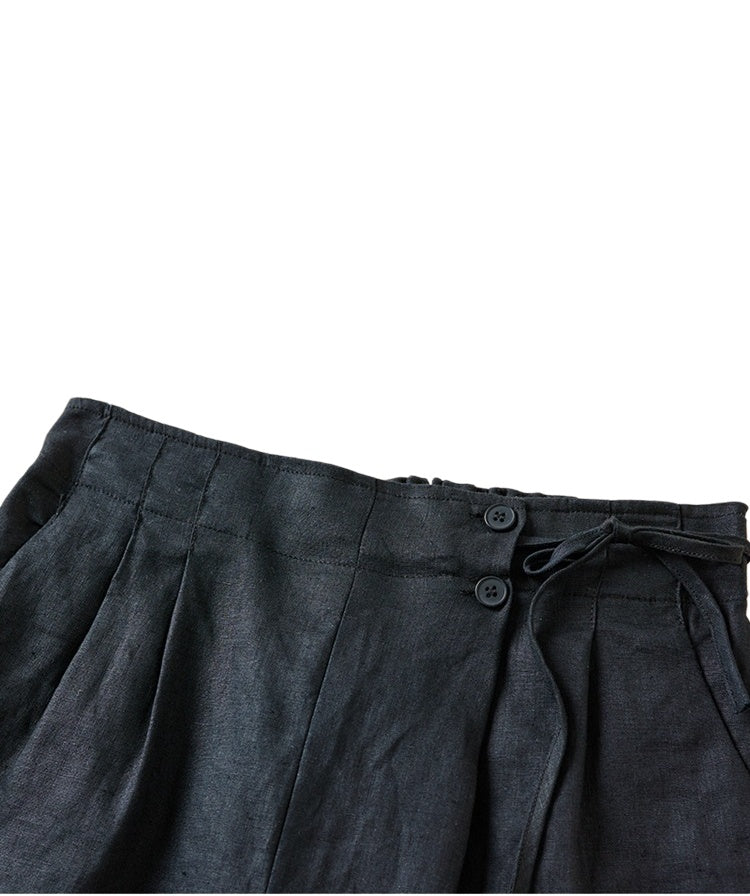 Pleated Tie Waist Wide Leg Shorts - Black - 2