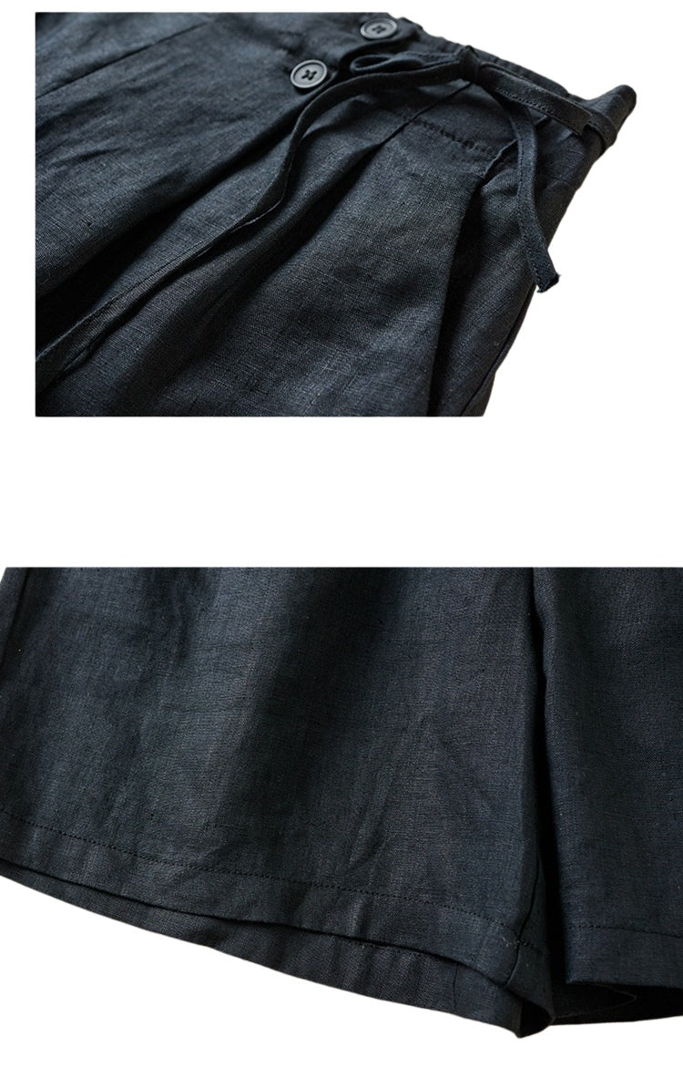 Pleated Tie Waist Wide Leg Shorts - Black - 3