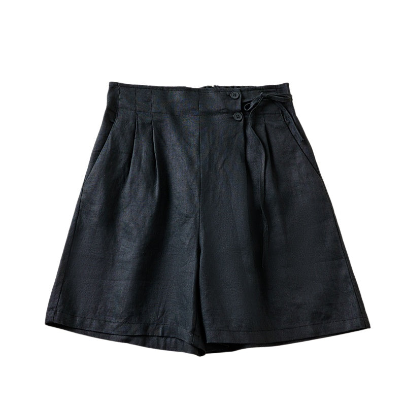 Pleated Tie Waist Wide Leg Shorts - Black - 4