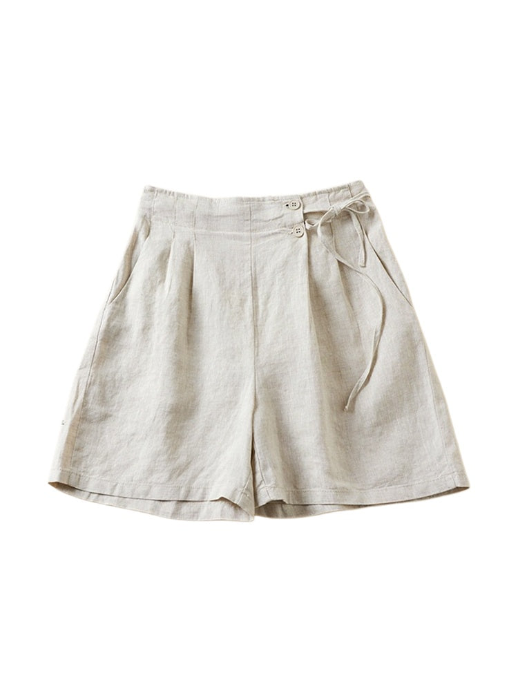 Pleated Tie Waist Wide Leg Shorts - Ecru