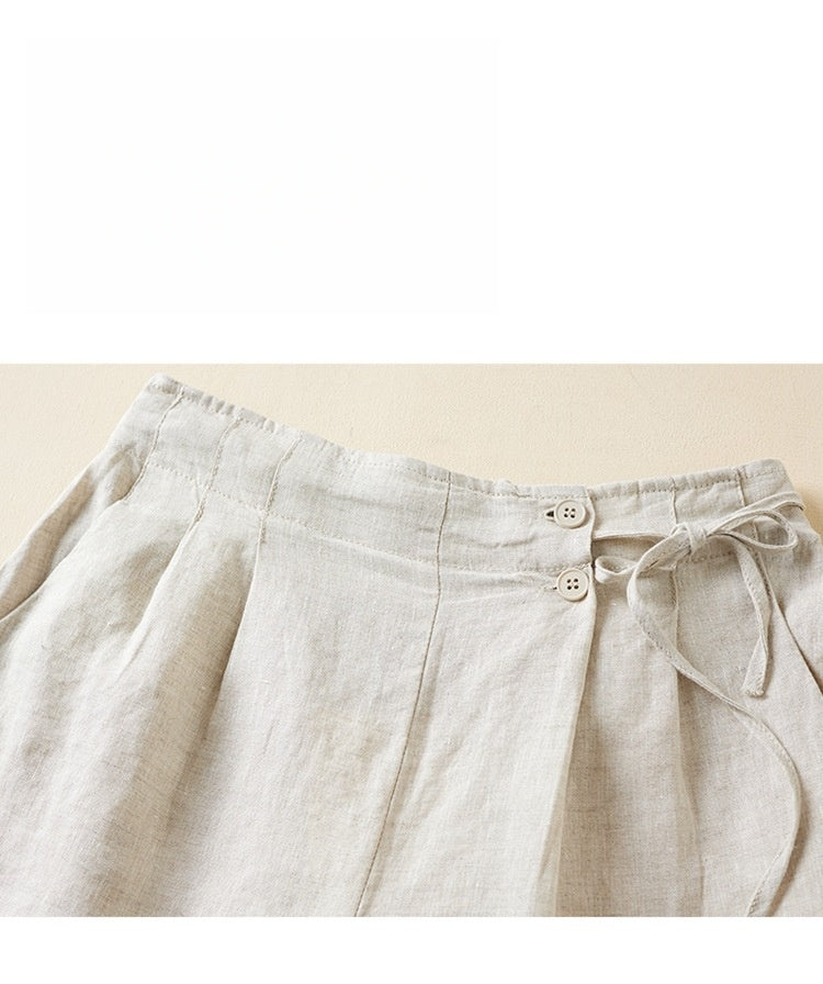 Pleated Tie Waist Wide Leg Shorts - Ecru - 2
