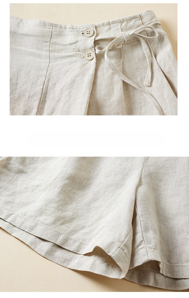 Pleated Tie Waist Wide Leg Shorts - Ecru - 3