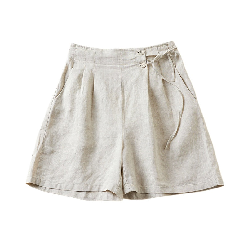 Pleated Tie Waist Wide Leg Shorts - Ecru - 4