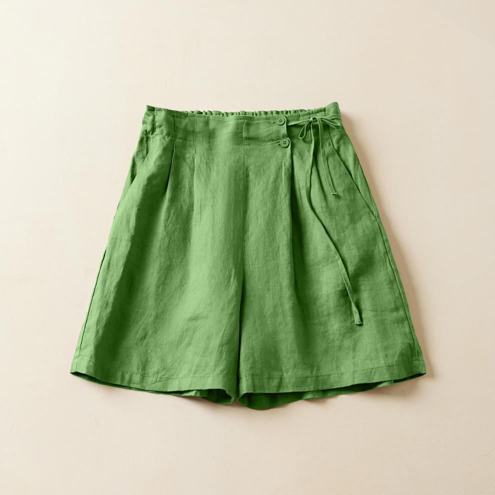 Pleated Tie Waist Wide Leg Shorts - Green