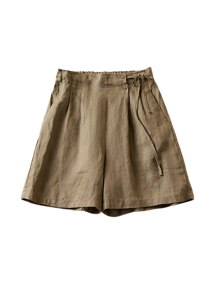 Pleated Tie Waist Wide Leg Shorts - Khaki
