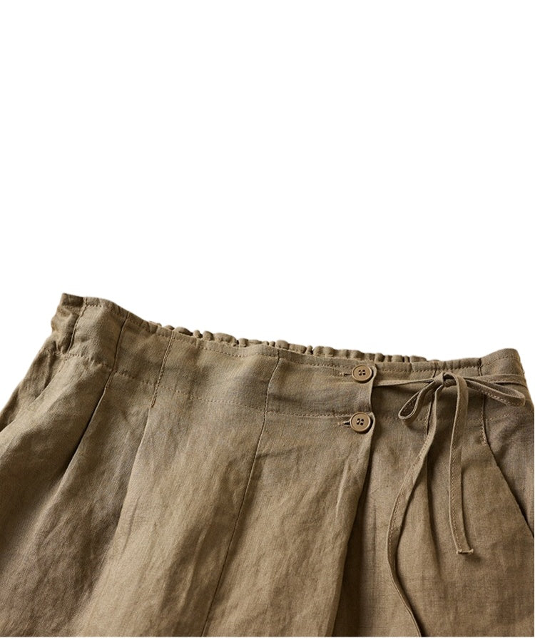 Pleated Tie Waist Wide Leg Shorts - Khaki - 2