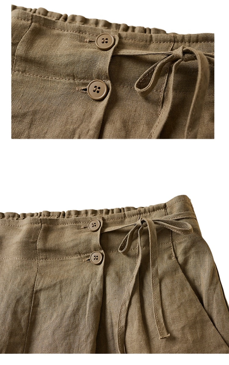 Pleated Tie Waist Wide Leg Shorts - Khaki - 3