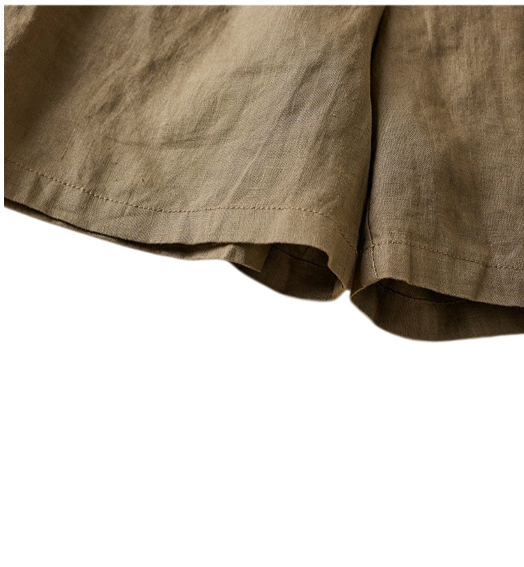 Pleated Tie Waist Wide Leg Shorts - Khaki - 4