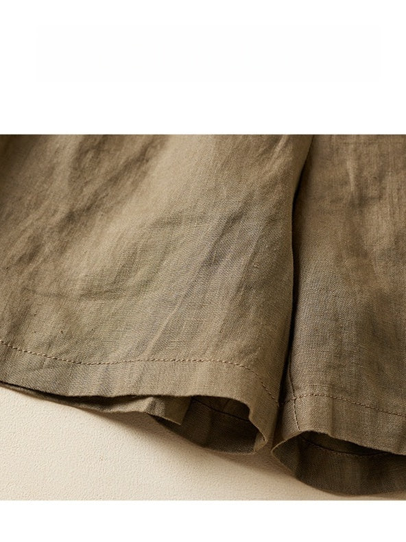 Pleated Tie Waist Wide Leg Shorts - Khaki - 5