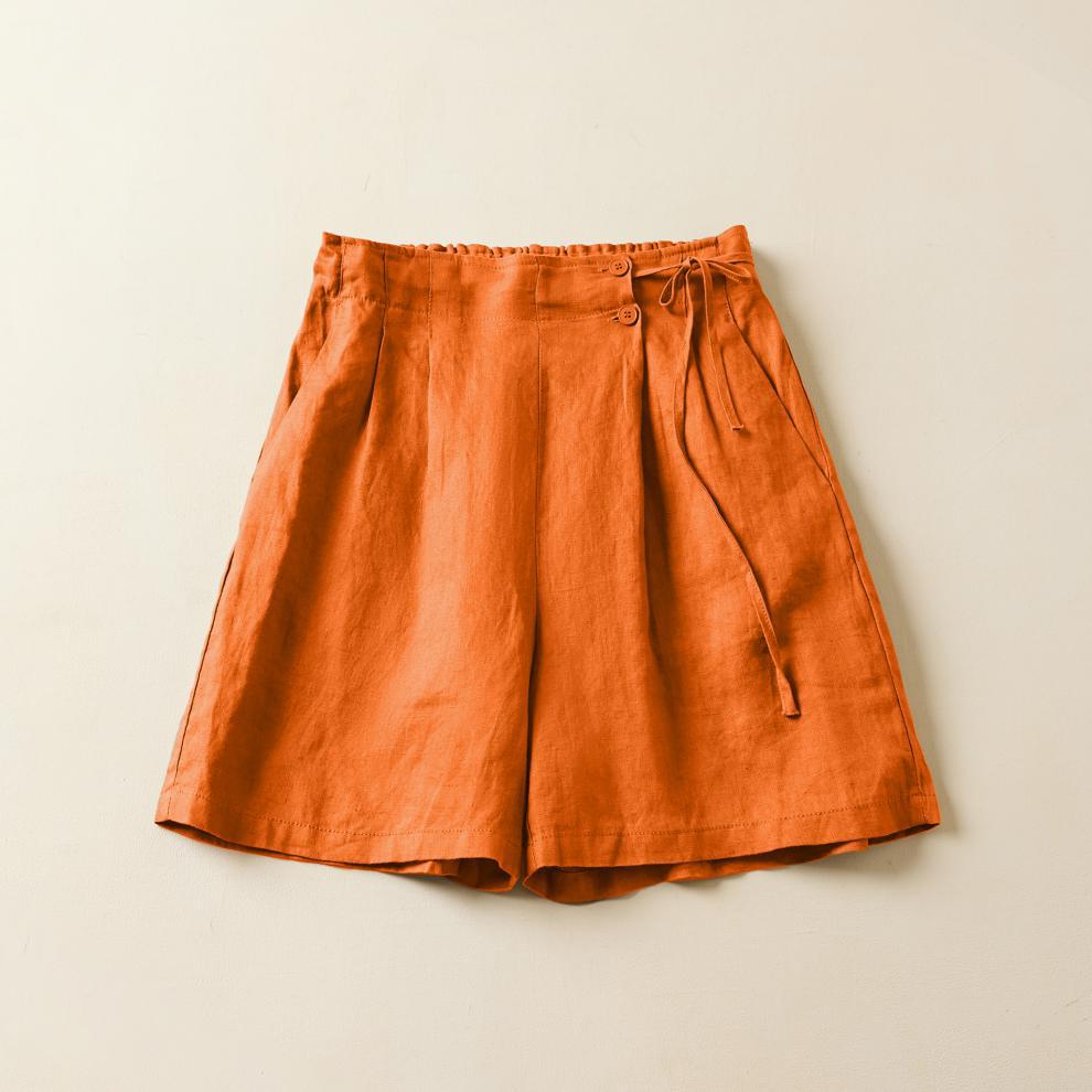 Pleated Tie Waist Wide Leg Shorts - Orange