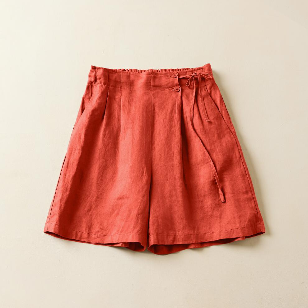Pleated Tie Waist Wide Leg Shorts - Red