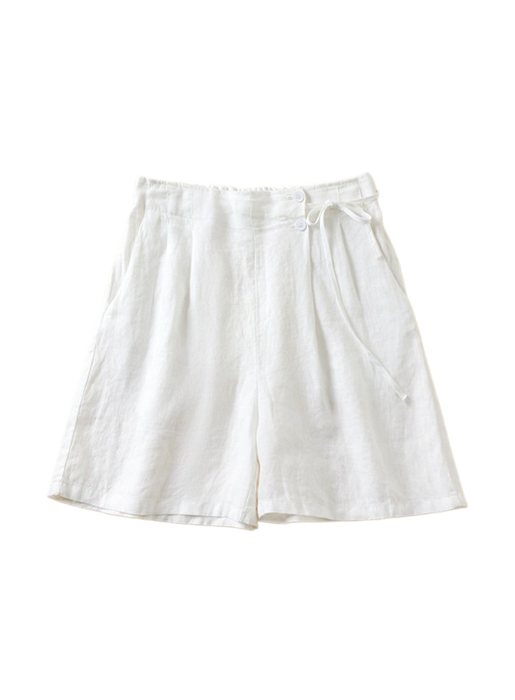 Pleated Tie Waist Wide Leg Shorts - White