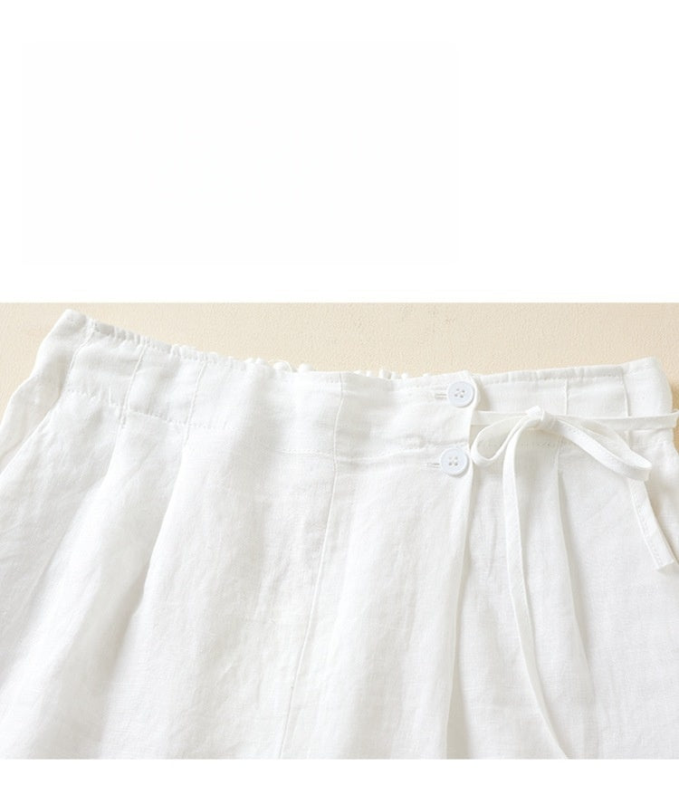 Pleated Tie Waist Wide Leg Shorts - White - 2