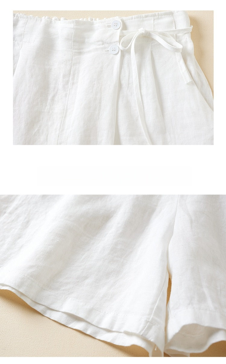 Pleated Tie Waist Wide Leg Shorts - White - 3