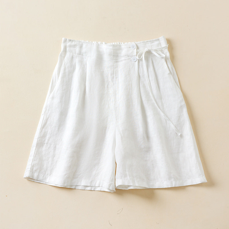 Pleated Tie Waist Wide Leg Shorts - White - 4