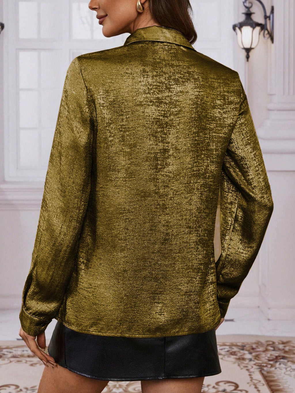 Shimmer Satin Long Sleeve Button Down Shirt - Golden - 2