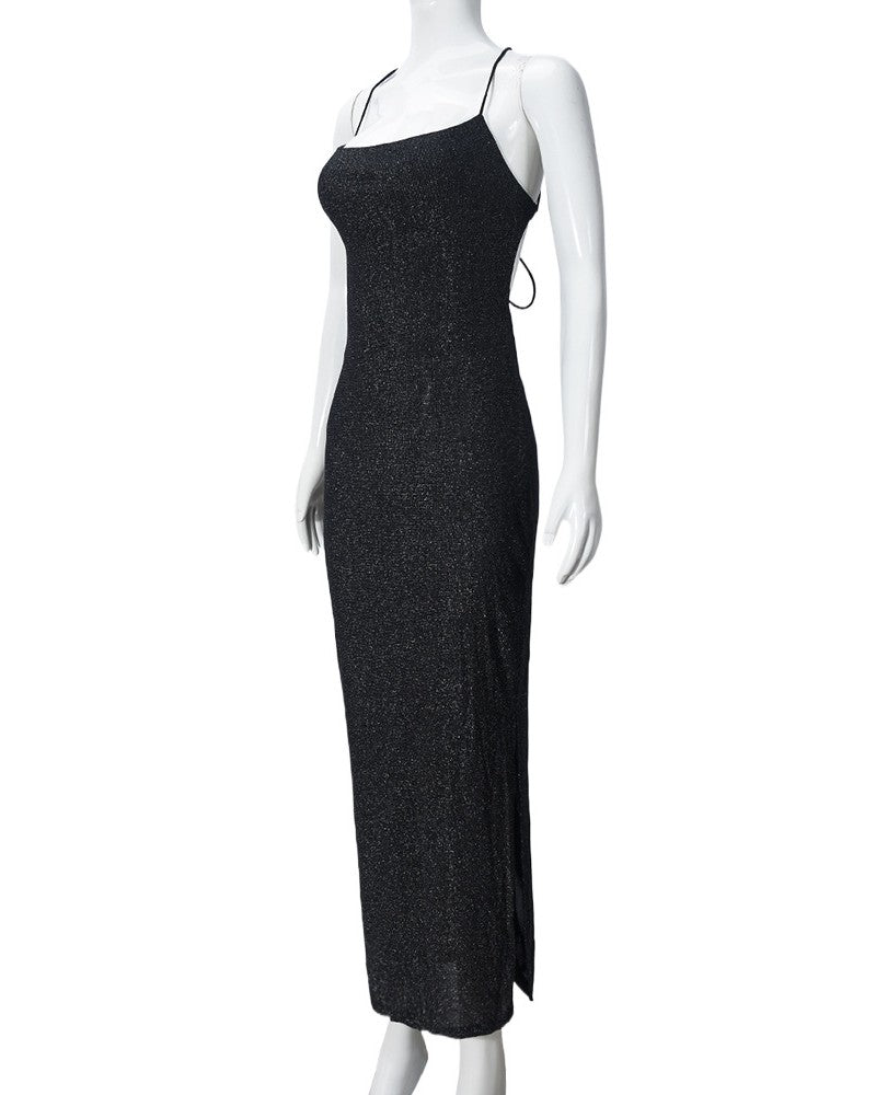 Shimmer Knit Lace Up Back Maxi Dress - Black