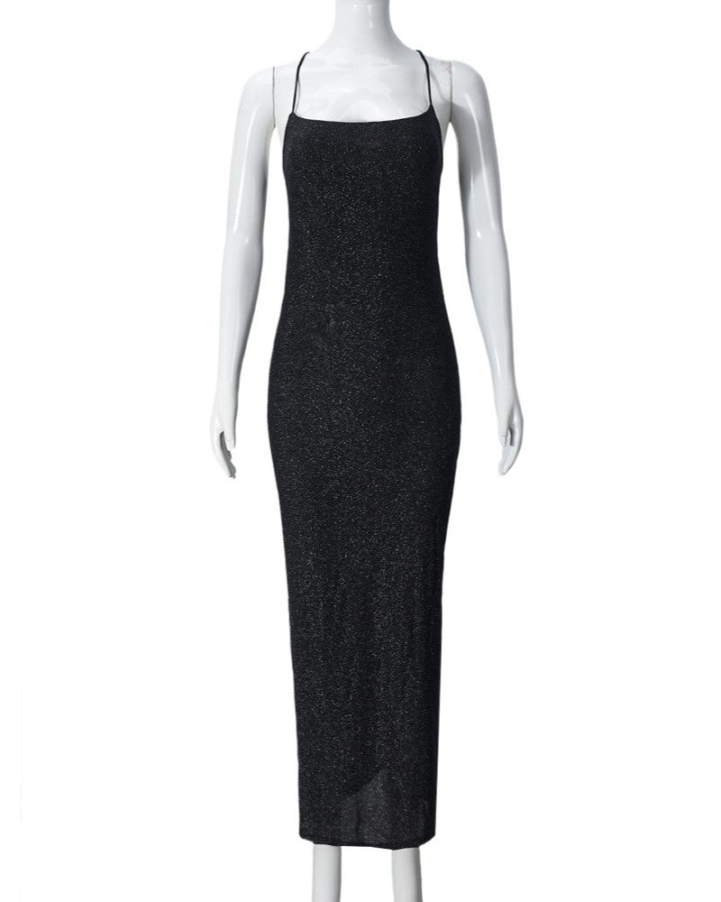 Shimmer Knit Lace Up Back Maxi Dress - Black - 2