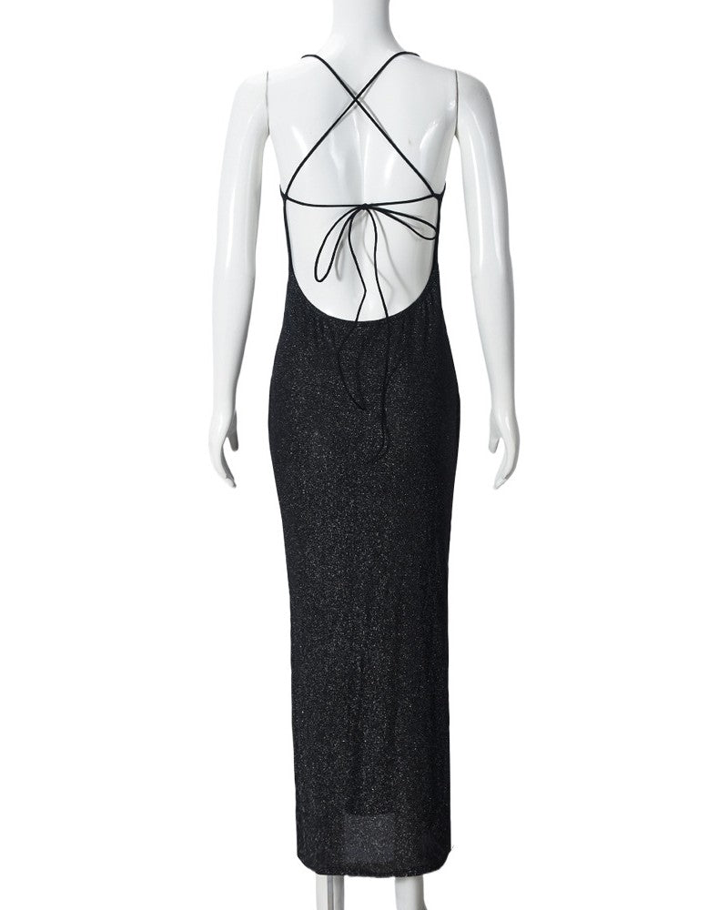 Shimmer Knit Lace Up Back Maxi Dress - Black - 3