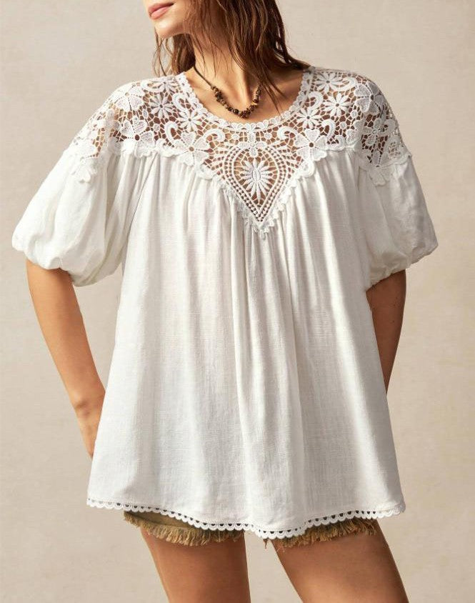 Crochet Lace Yoke Puff Sleeve Shirt