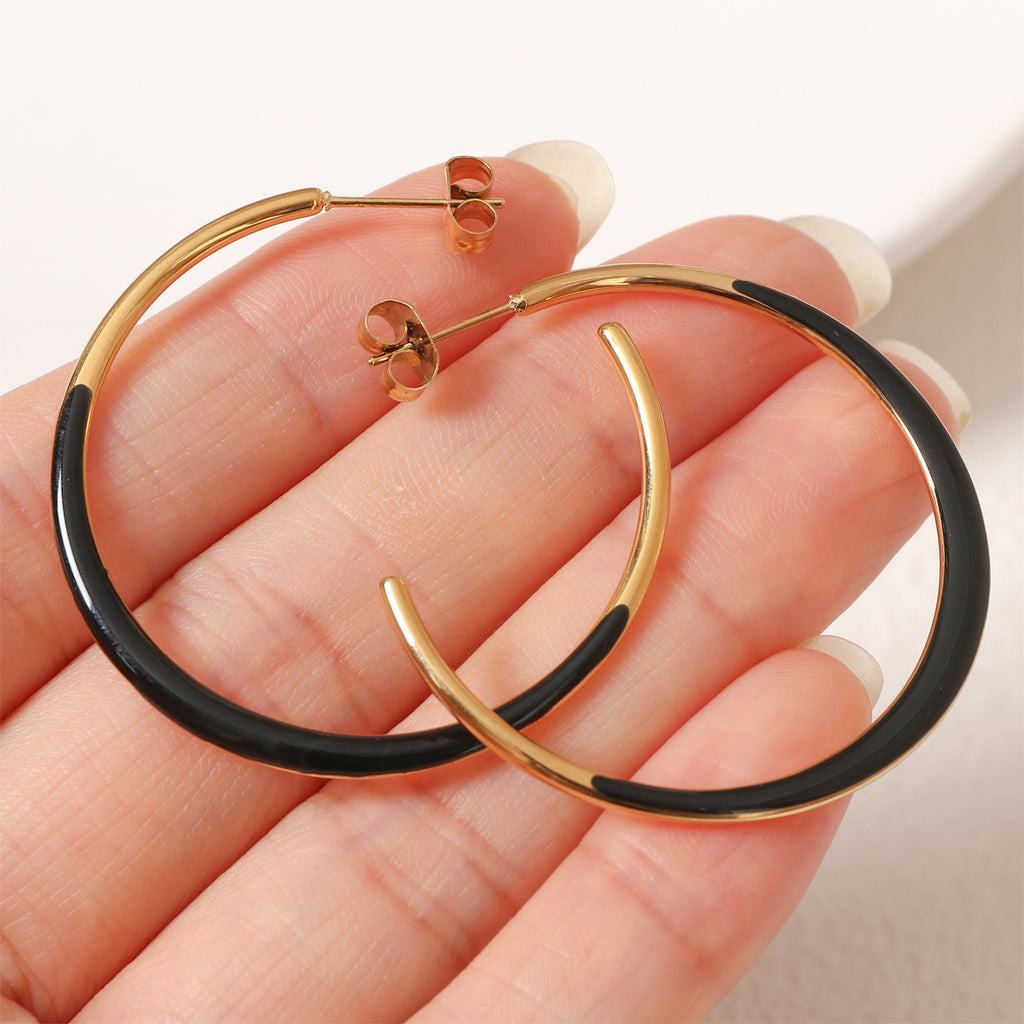 Enamel Dipped Open Hoop Earrings - Black - 3