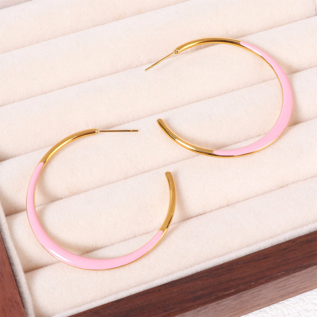 Enamel Dipped Open Hoop Earrings - Pink