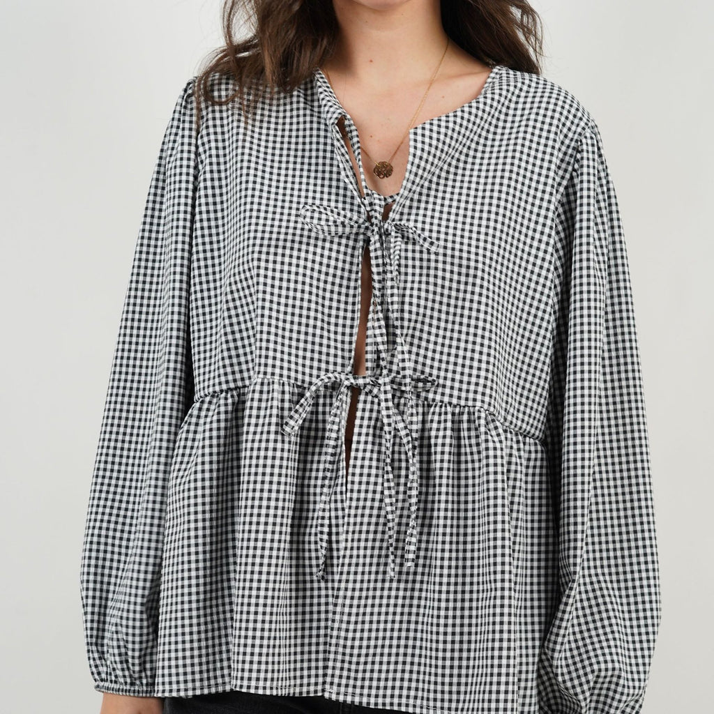 Tie Front Puff Sleeve Peplum Blouse - Black - 1