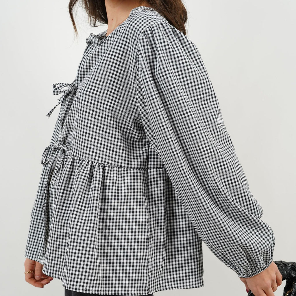 Tie Front Puff Sleeve Peplum Blouse - Black - 2