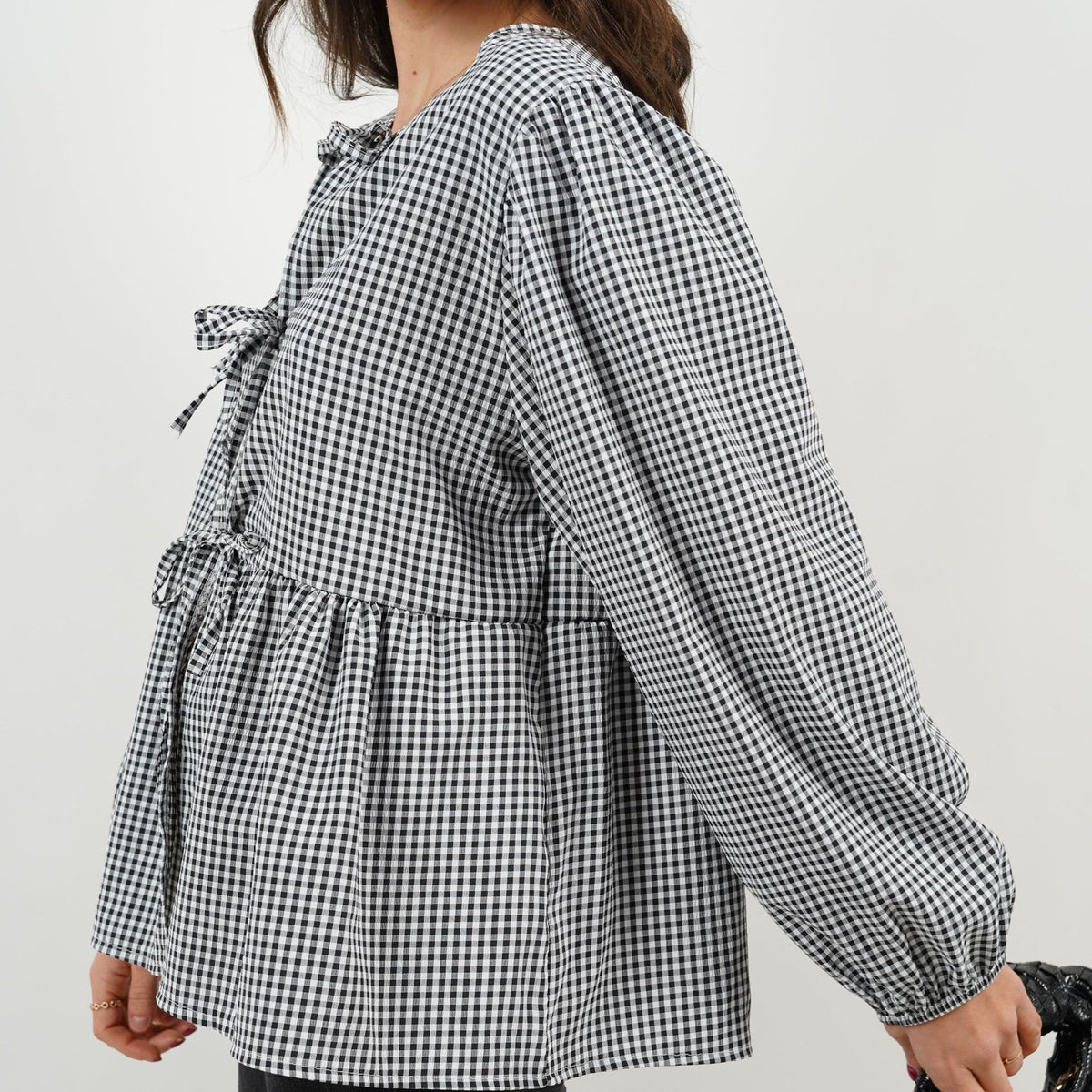 Tie Front Puff Sleeve Peplum Blouse - Black - 2