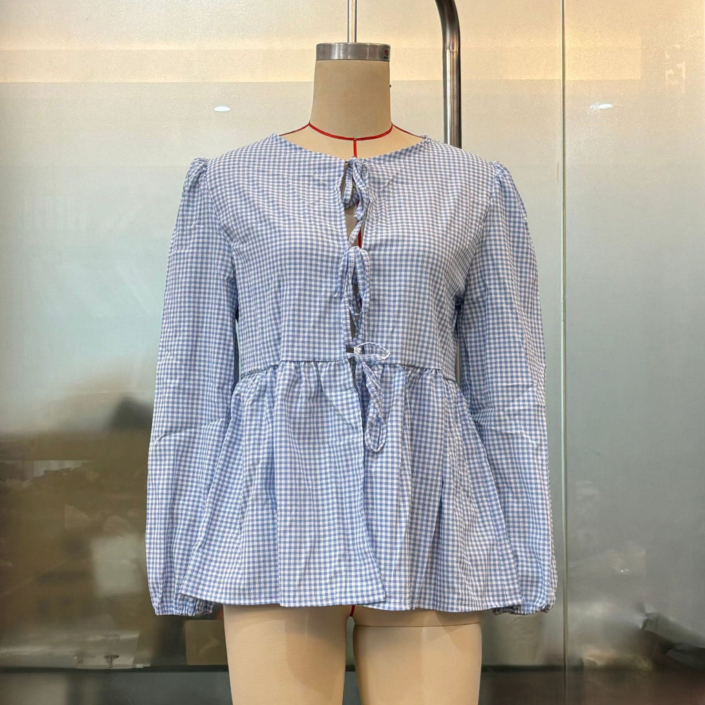 Tie Front Puff Sleeve Peplum Blouse - Blue
