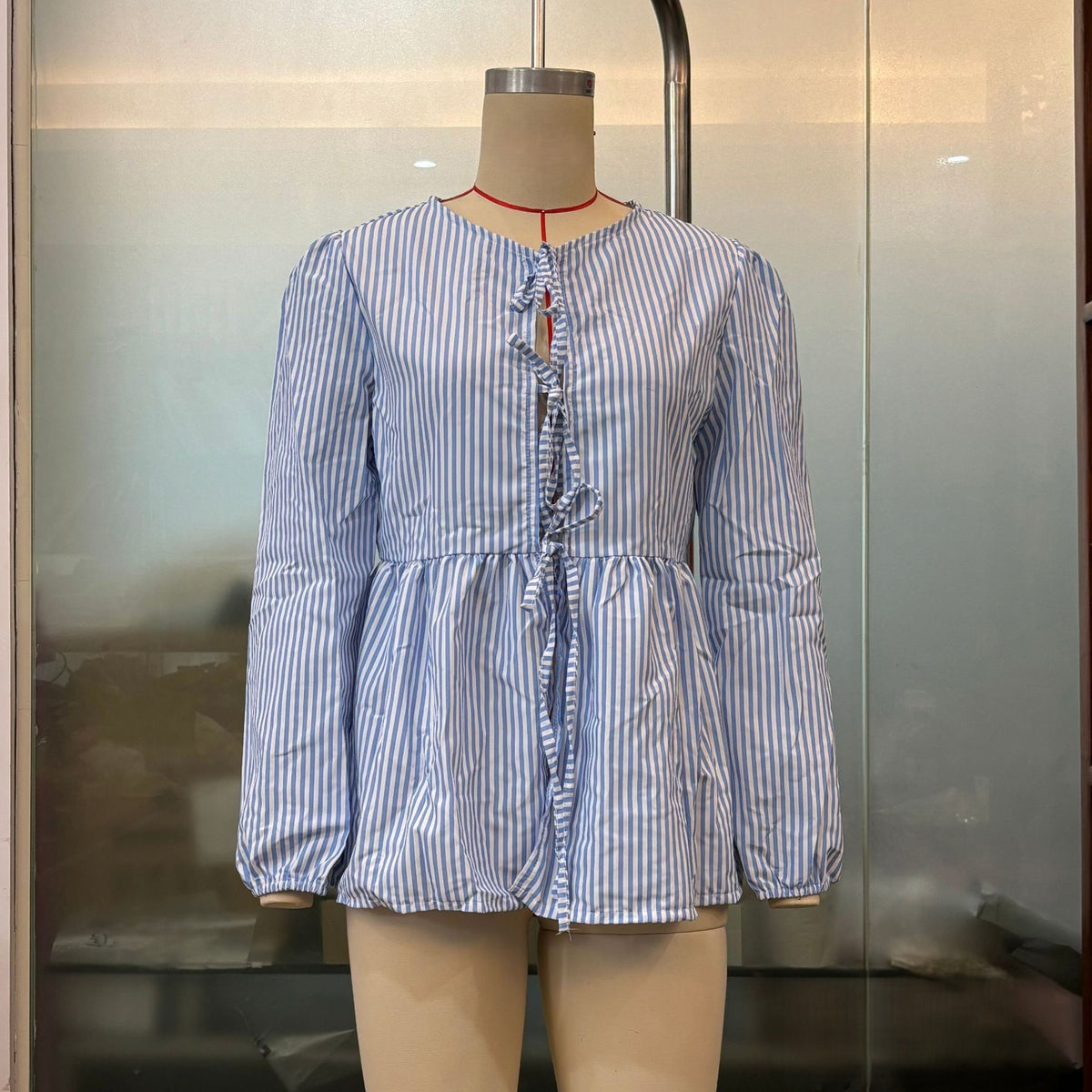 Tie Front Puff Sleeve Peplum Blouse - Bluestripe