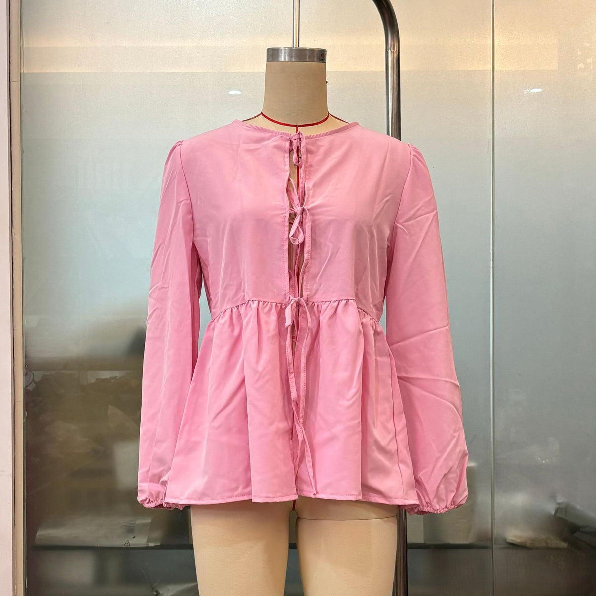 Tie Front Puff Sleeve Peplum Blouse - Pink