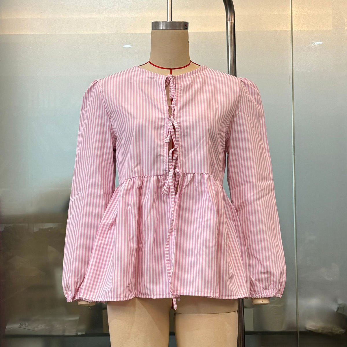 Tie Front Puff Sleeve Peplum Blouse - Pinkstripe 