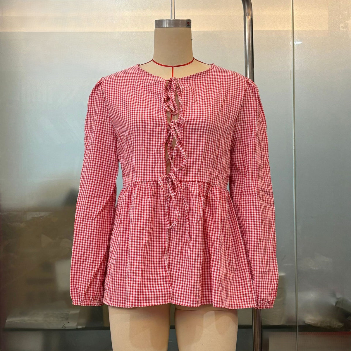 Tie Front Puff Sleeve Peplum Blouse - Red