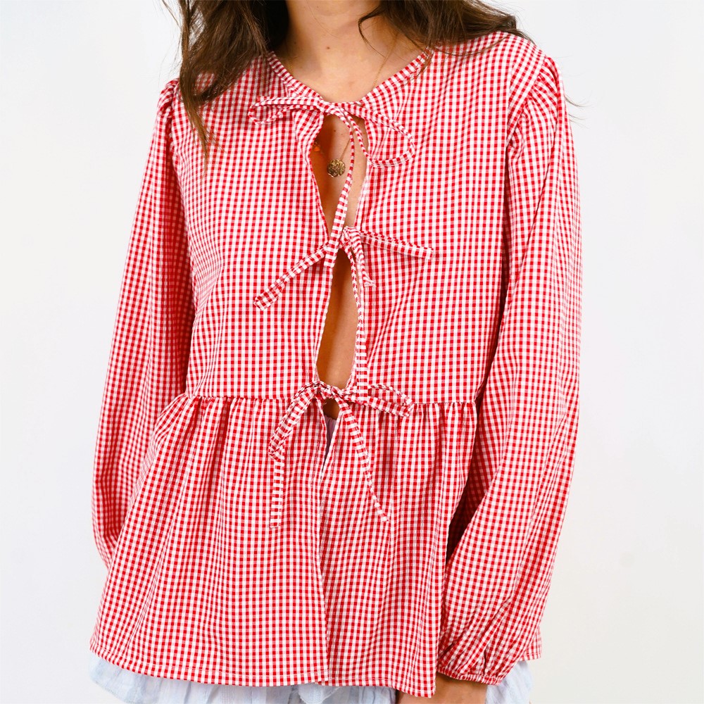Tie Front Puff Sleeve Peplum Blouse - Red - 1