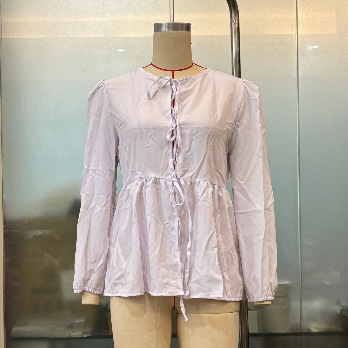 Tie Front Puff Sleeve Peplum Blouse - White