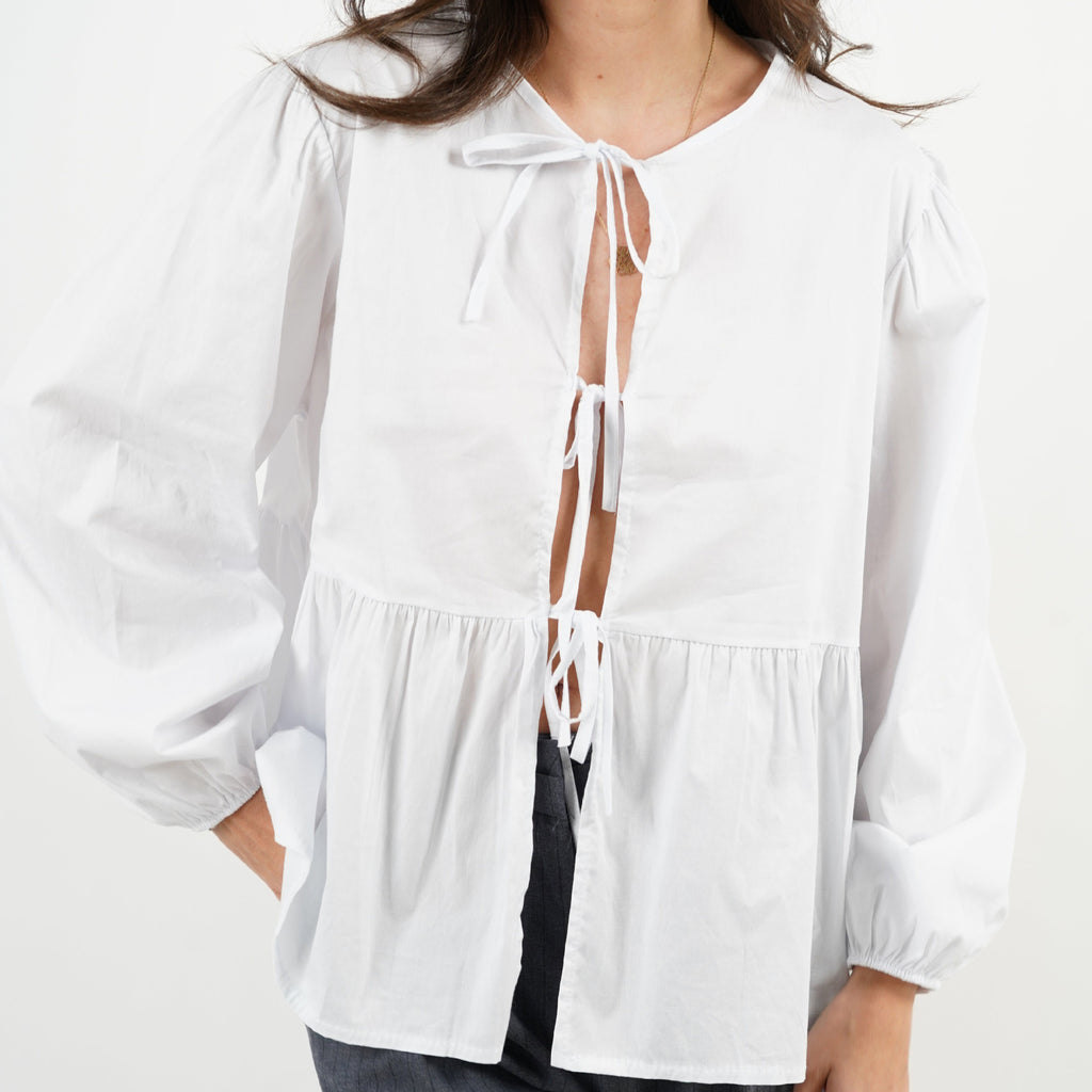 Tie Front Puff Sleeve Peplum Blouse - White - 1