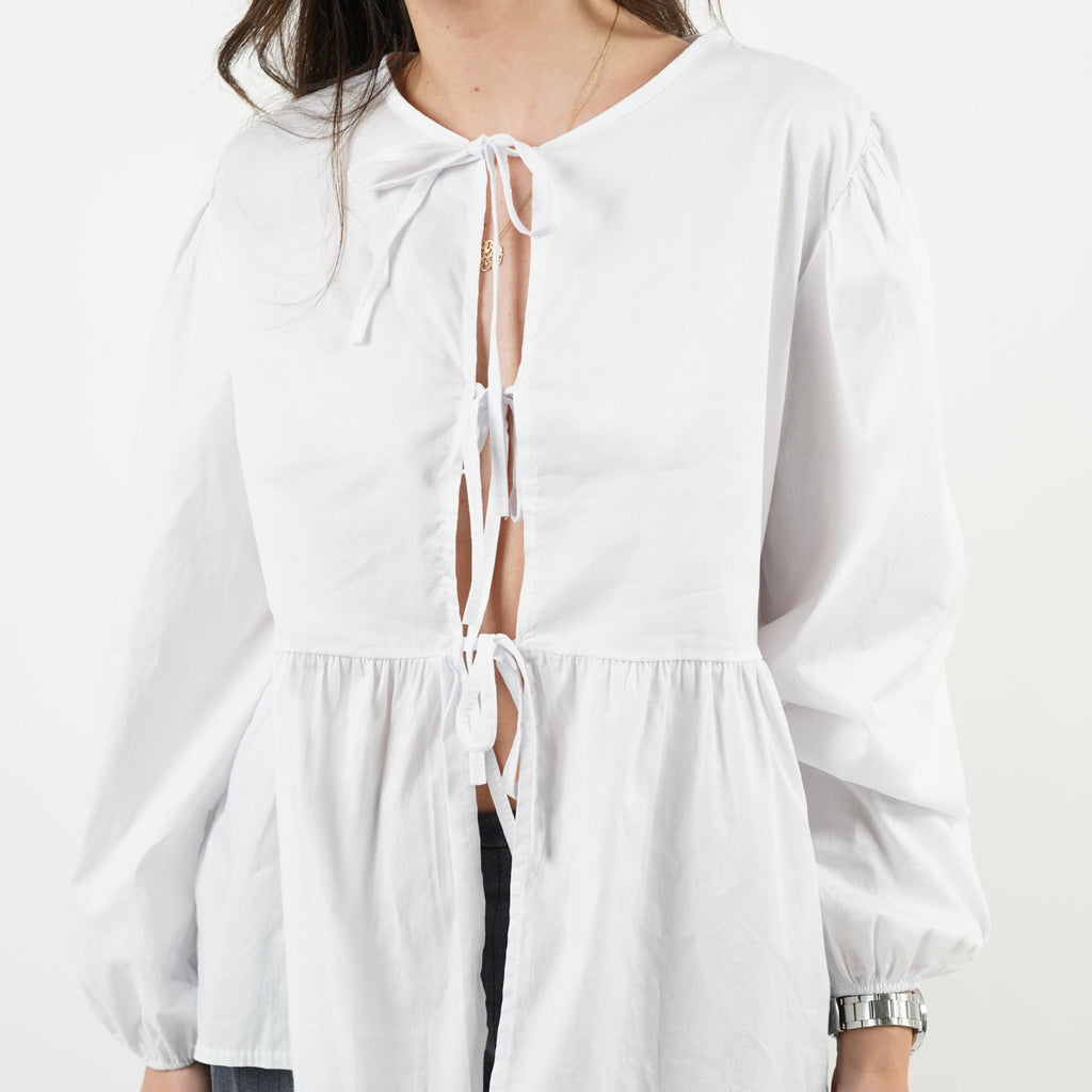 Tie Front Puff Sleeve Peplum Blouse - White - 2