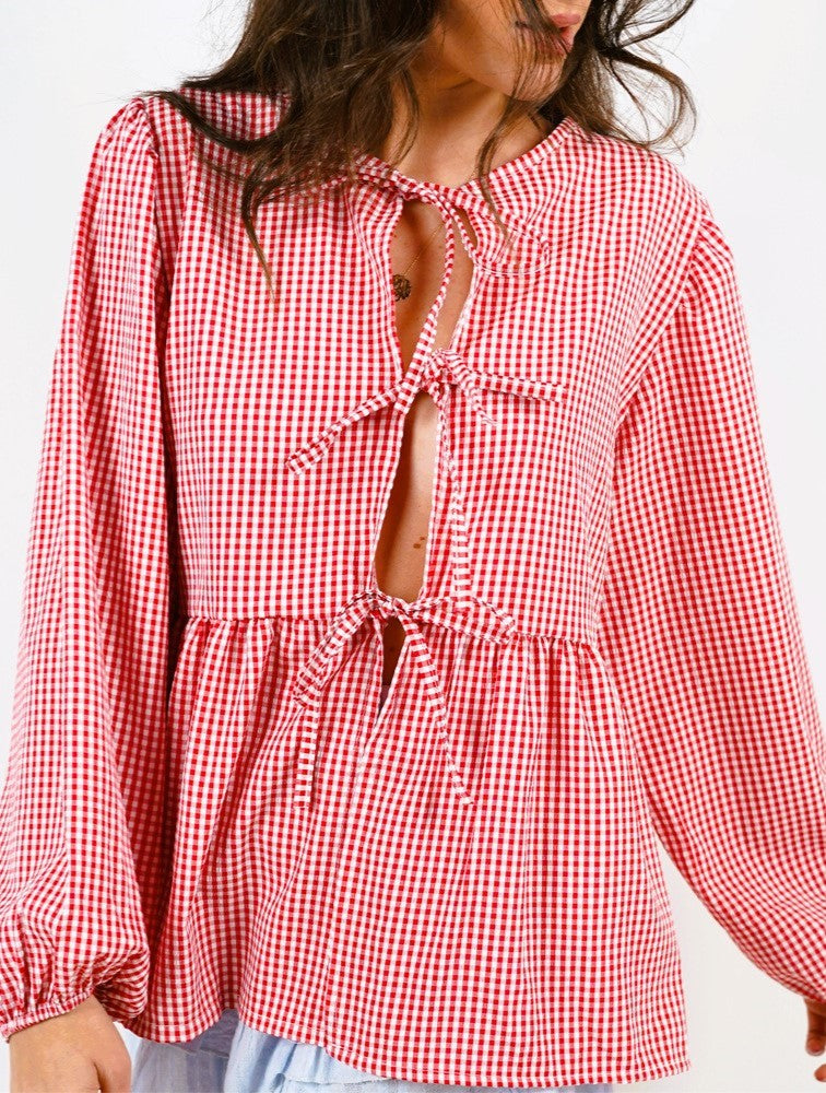 Tie Front Puff Sleeve Peplum Blouse