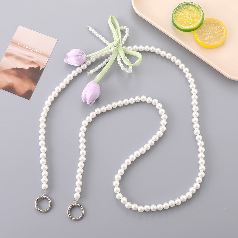 Tulip Charm Pearl Beaded Phone Strap - Purple