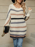 Striped Open Knit Dolman Sleeve Tunic Sweater - Beige