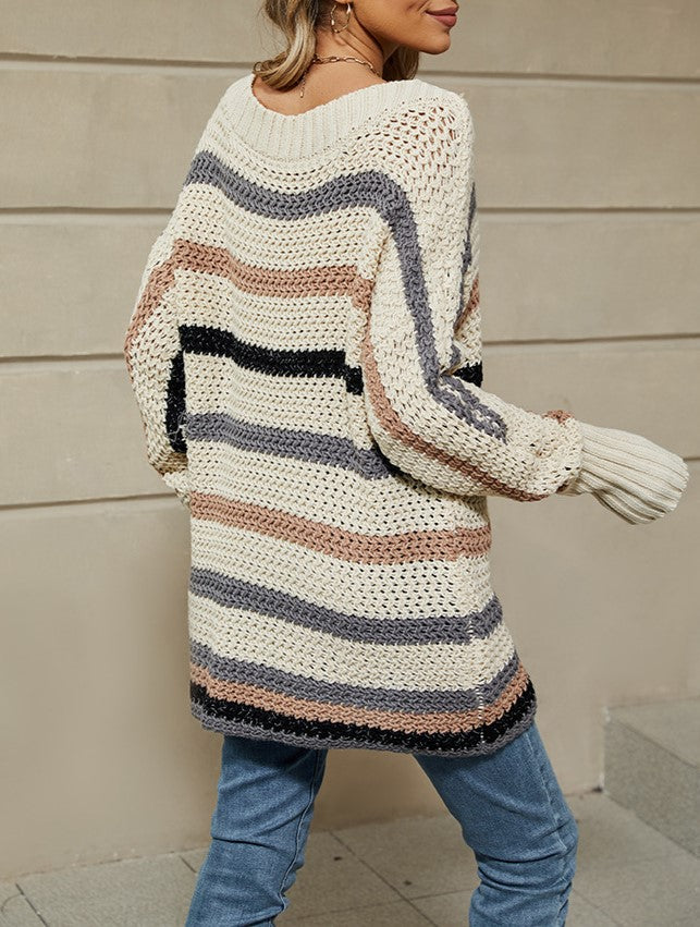 Striped Open Knit Dolman Sleeve Tunic Sweater - Beige - 4