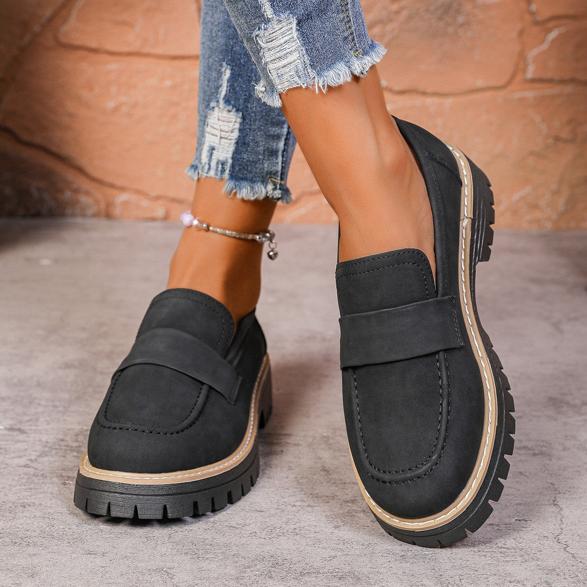 Moc Toe Faux Suede Lug Sole Penny Loafers