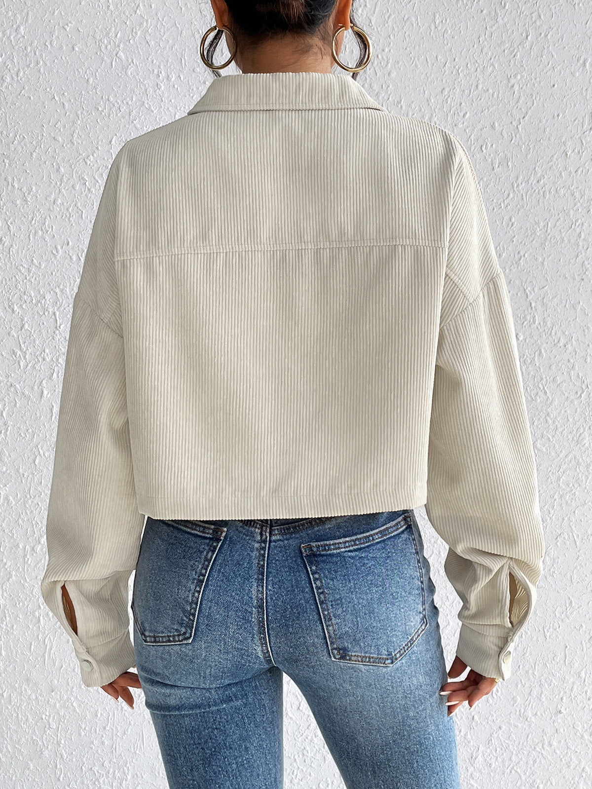 Cropped Corduroy Trucker Jacket With Chest Pockets - Apricot - 1
