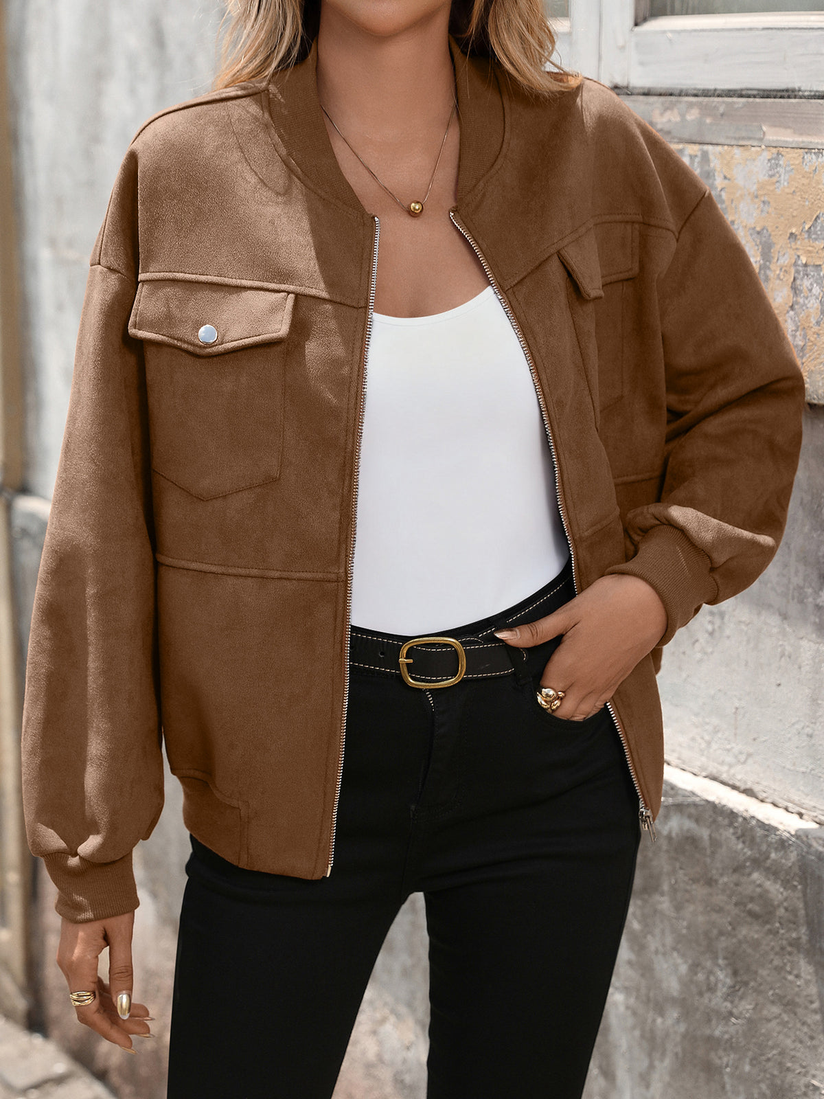Faux Suede Flap Pocket Bomber Jacket - Brown