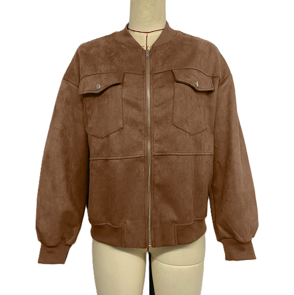 Faux Suede Flap Pocket Bomber Jacket - Brown - 1