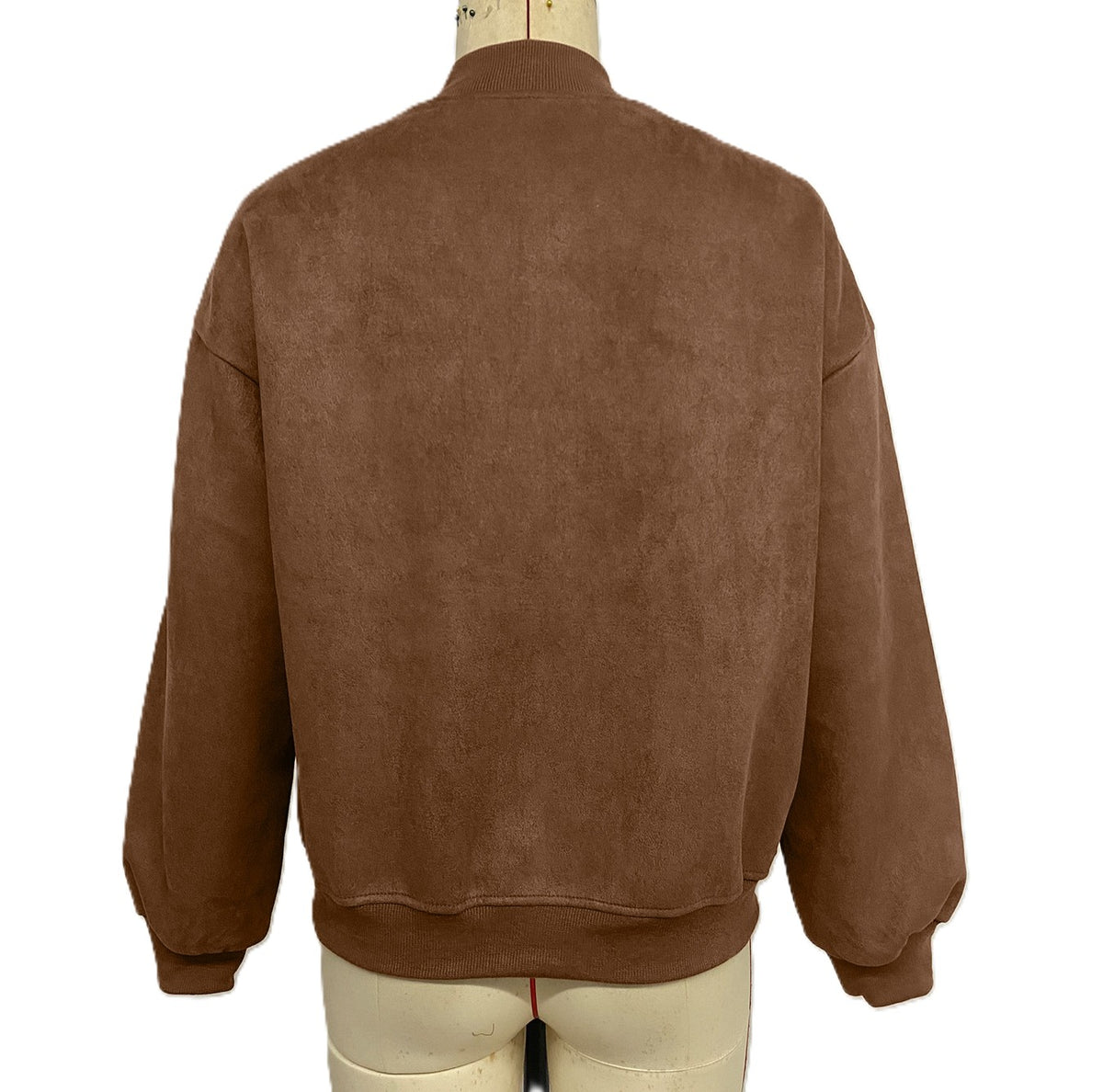 Faux Suede Flap Pocket Bomber Jacket - Brown - 2