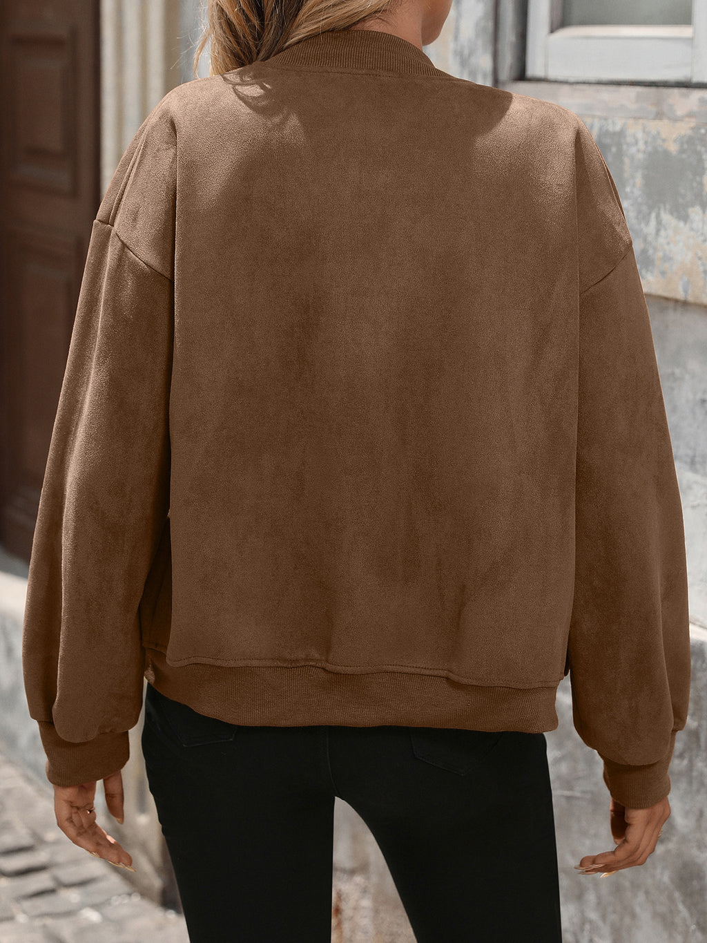 Faux Suede Flap Pocket Bomber Jacket - Brown - 3