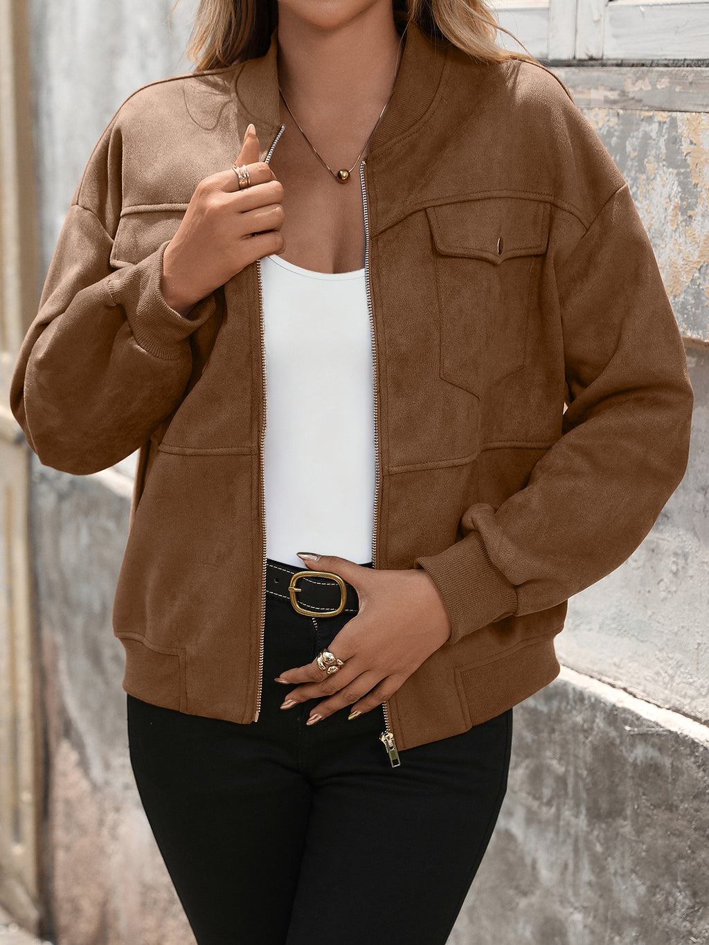 Faux Suede Flap Pocket Bomber Jacket - Brown - 4