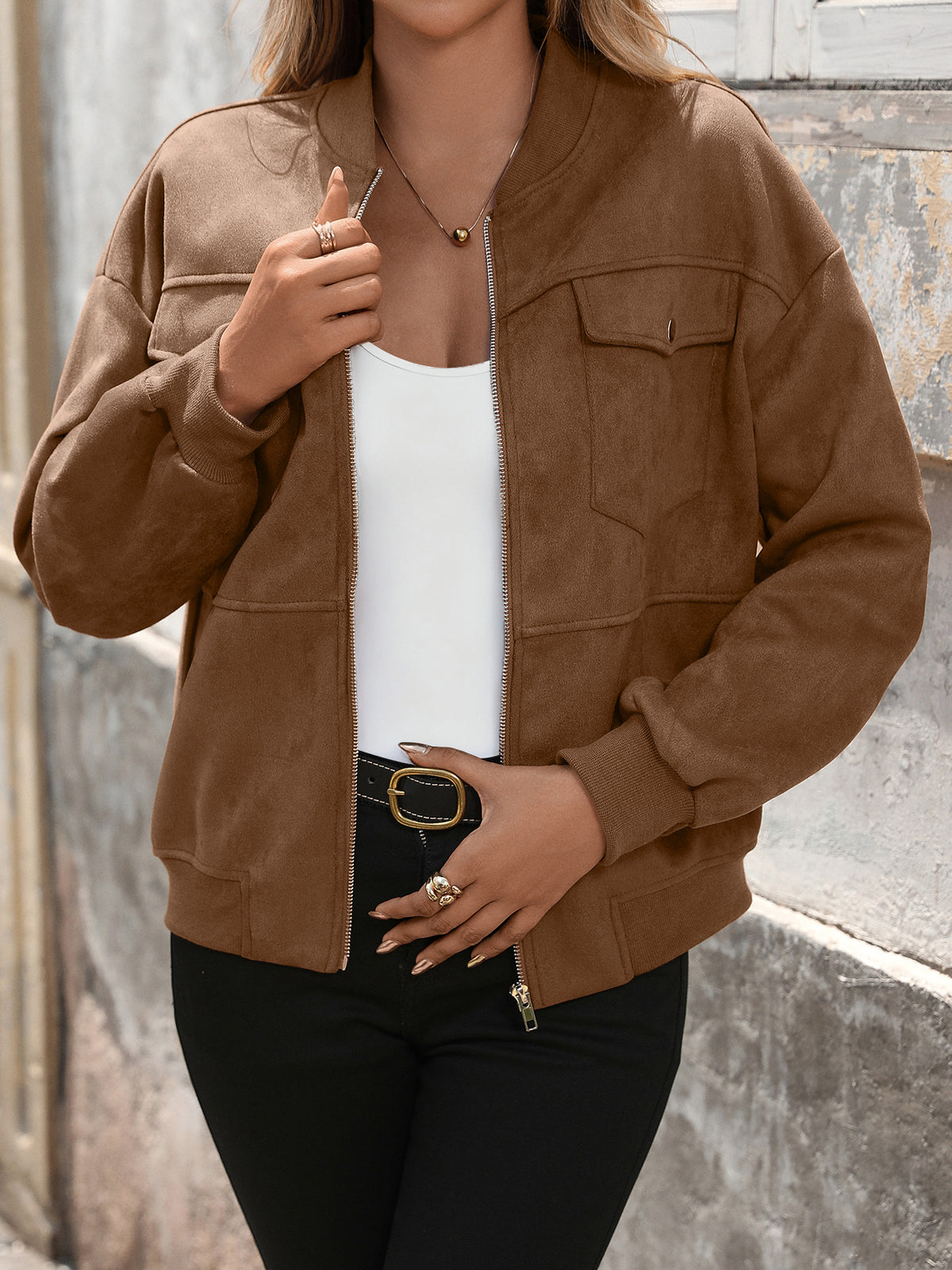 Faux Suede Flap Pocket Bomber Jacket - Brown - 4